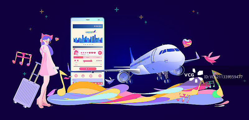 美女用手机网上订机票去旅游插画图片素材