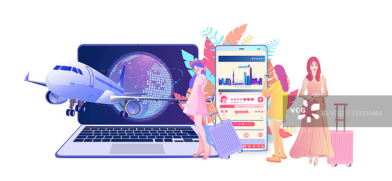 美女用手机网上订机票去旅游插画图片素材