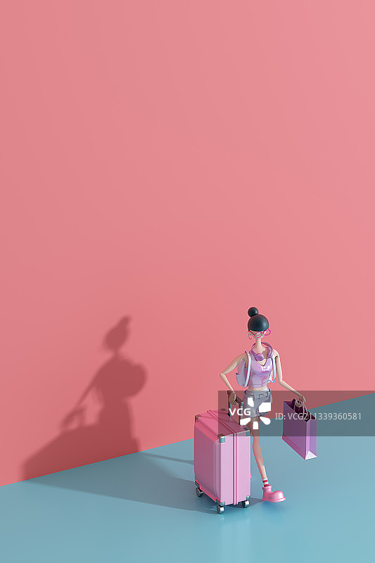3d渲染的正在旅游的卡通女孩图片素材