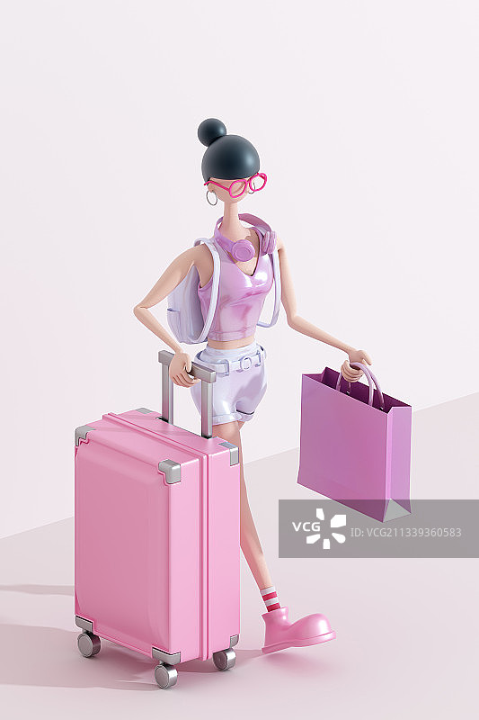 3d渲染的正在旅游的卡通女孩图片素材