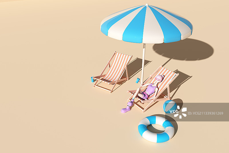 3D渲染的躺在躺椅上休息的卡通女孩图片素材