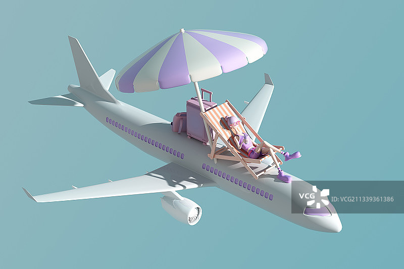 3D渲染的，躺在躺椅上休息的卡通女孩图片素材