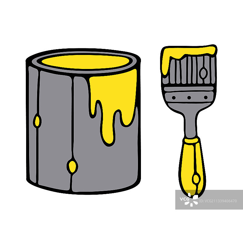 带有黄色油漆的油漆罐和刷子图片素材
