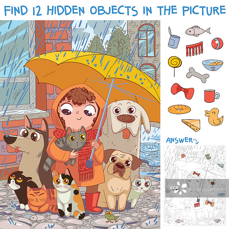寻找雨伞下隐藏的物体小女孩图片素材
