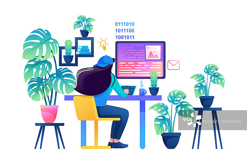 在笔记本电脑旁工作的程序员女孩图片素材