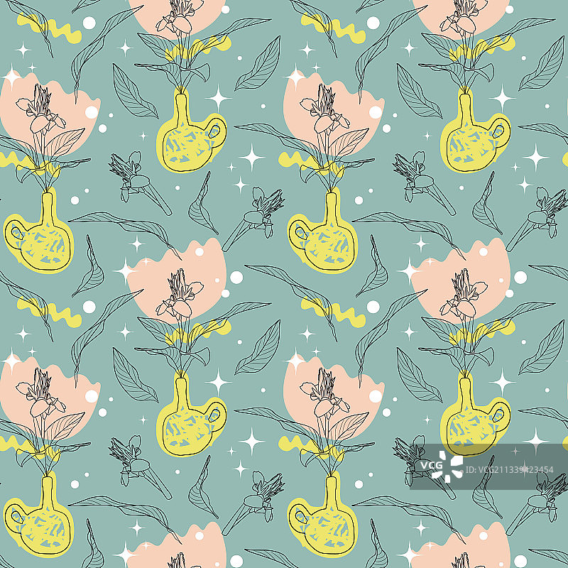 线条艺术盆栽植物无缝图案图片素材