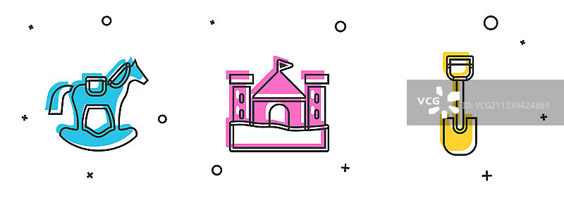 马鞍、秋千、沙堡和铲子套装图片素材