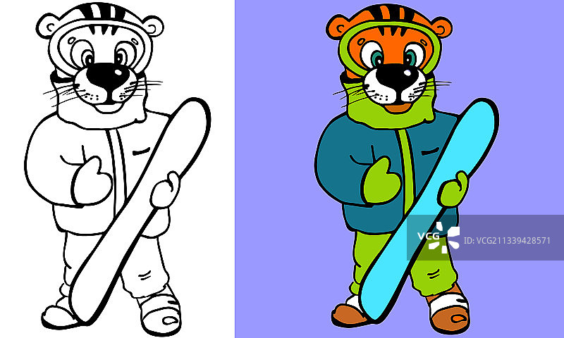 卡通滑雪板老虎填色图图片素材