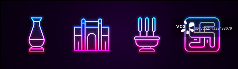 印度花瓶德里门焚香线条图标合集图片素材