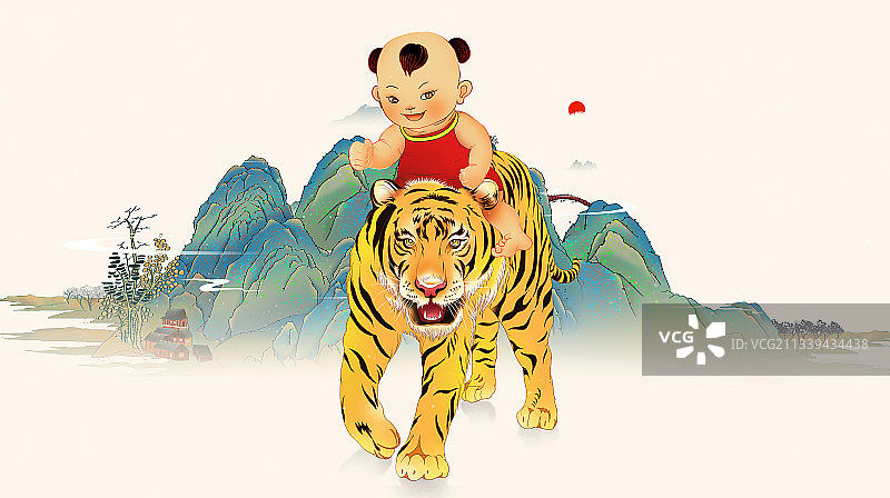 2022虎年年俗插画 骑老虎头上的福娃图片素材