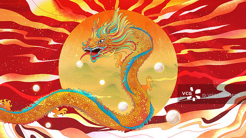 2022复古国潮中秋节 蛟龙绕月图片素材