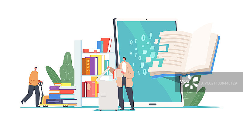 图书馆里拿着巨大书籍的小人图片素材