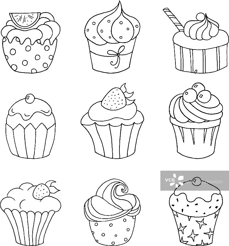 白色背景上的手绘纸杯蛋糕套装图片素材