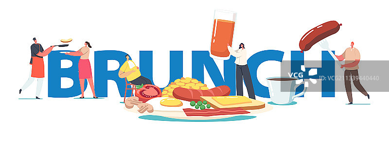 早午餐概念：巨大盘子上的微型人物图片素材