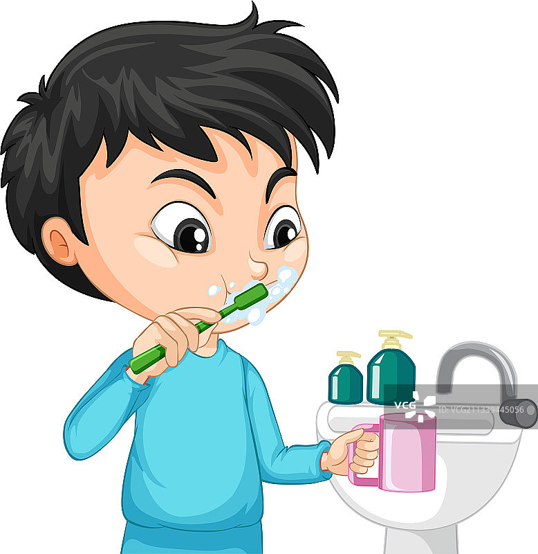 卡通人物：一个正在刷牙的男孩图片素材