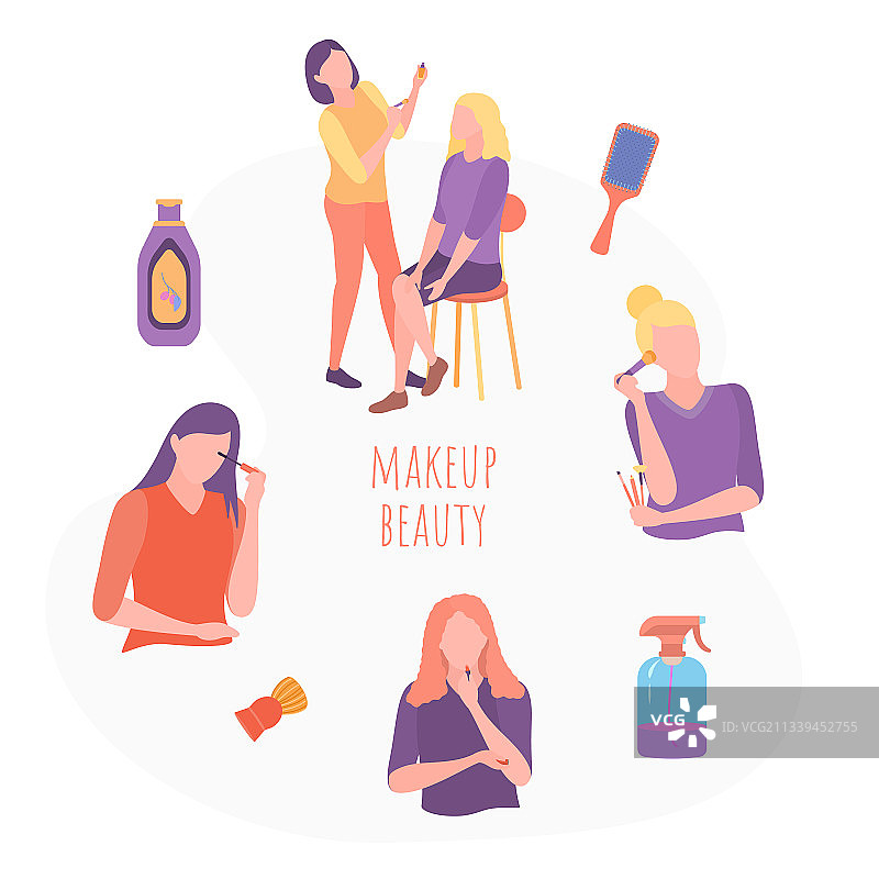 化妆美女在脸上涂抹化妆品套装图片素材