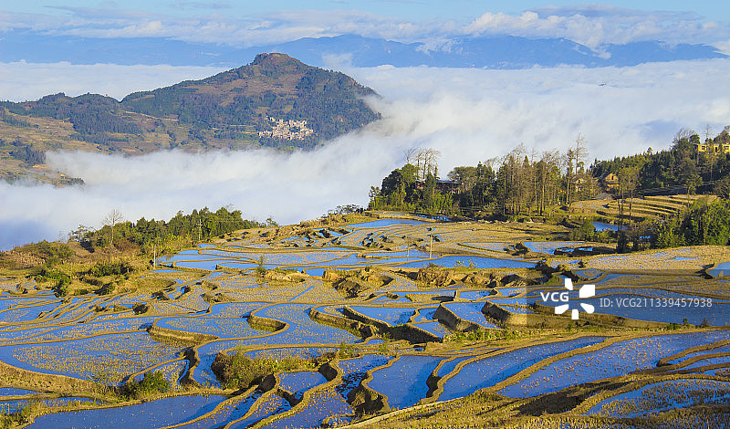 元阳梯田的水域与云雾，云南红河哈尼梯田图片素材