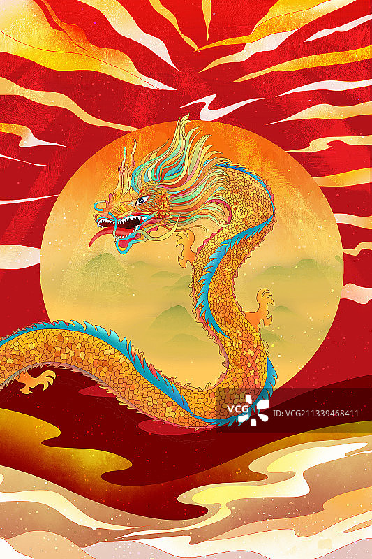 2022复古国潮中秋节 蛟龙绕月图片素材