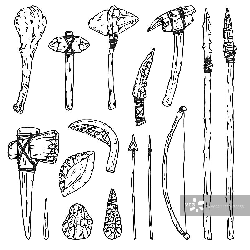 史前石器时代工具和武器素描图片素材