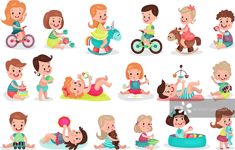 男孩和女孩玩玩具和骑图片素材