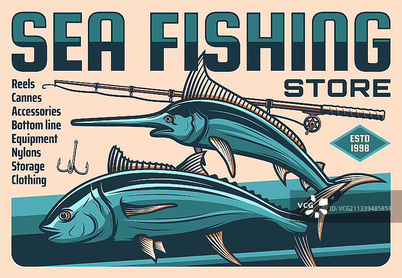钓鱼运动海报：渔夫、鱼竿和鱼钩图片素材