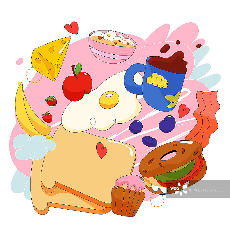 咖啡面包甜点水果细描边复古美食矢量插画元素图片素材