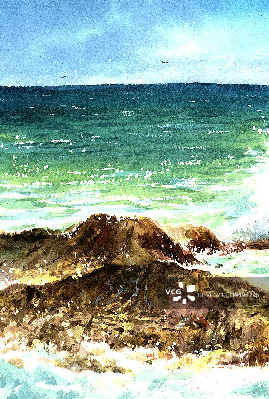 海浪水粉插画图片素材