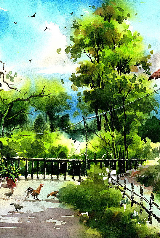 治愈系田园风光水粉插画图片素材