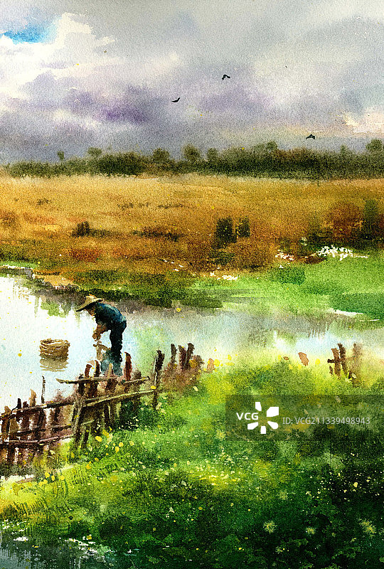治愈系田园风光水粉插画图片素材