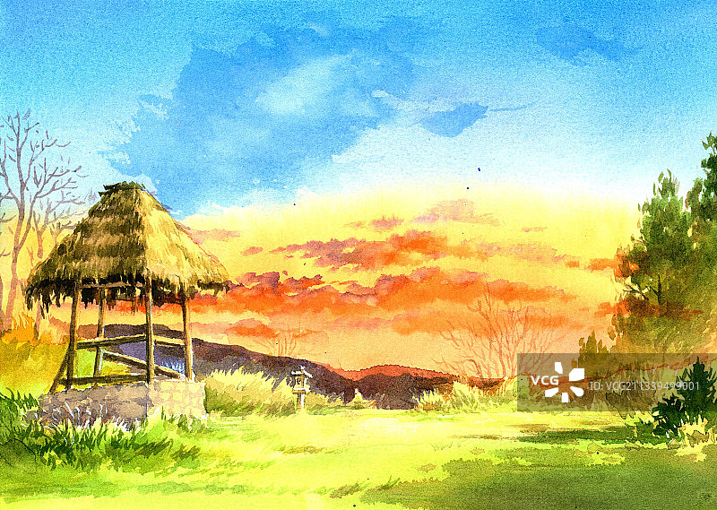 晚霞治愈系插画图片素材