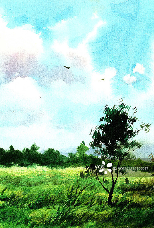治愈系田园风光水粉插画图片素材