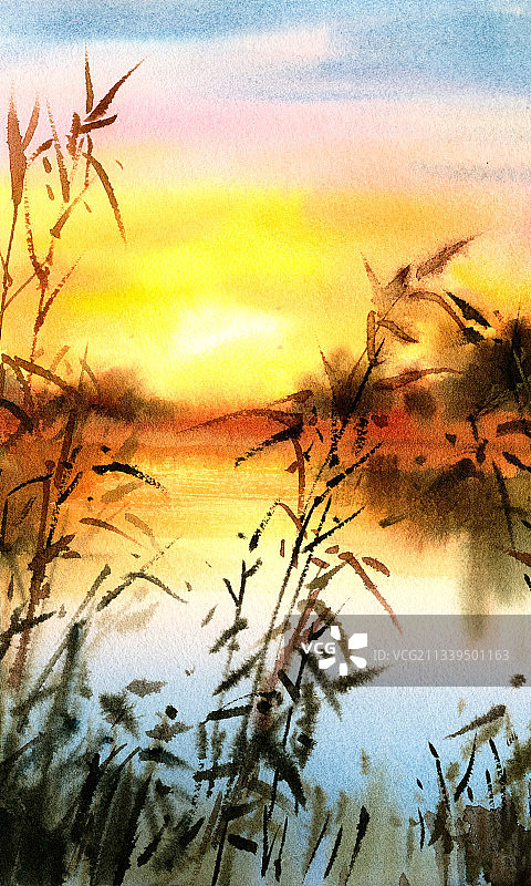 晚霞治愈系插画图片素材