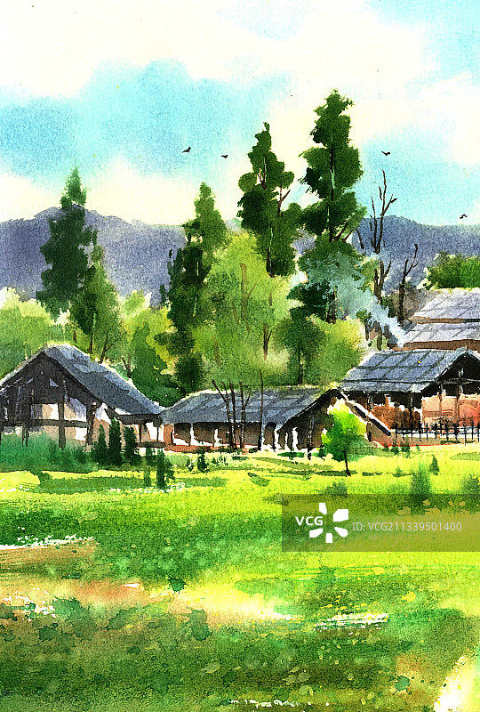 治愈系田园风光水粉插画图片素材