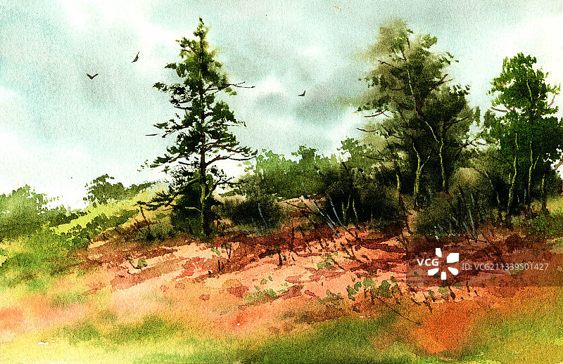 治愈系田园风光水粉插画图片素材