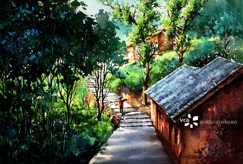 治愈系田园风光水粉插画图片素材