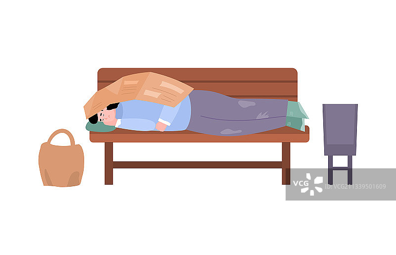 无家可归的脏男人在城市长椅上睡觉图片素材