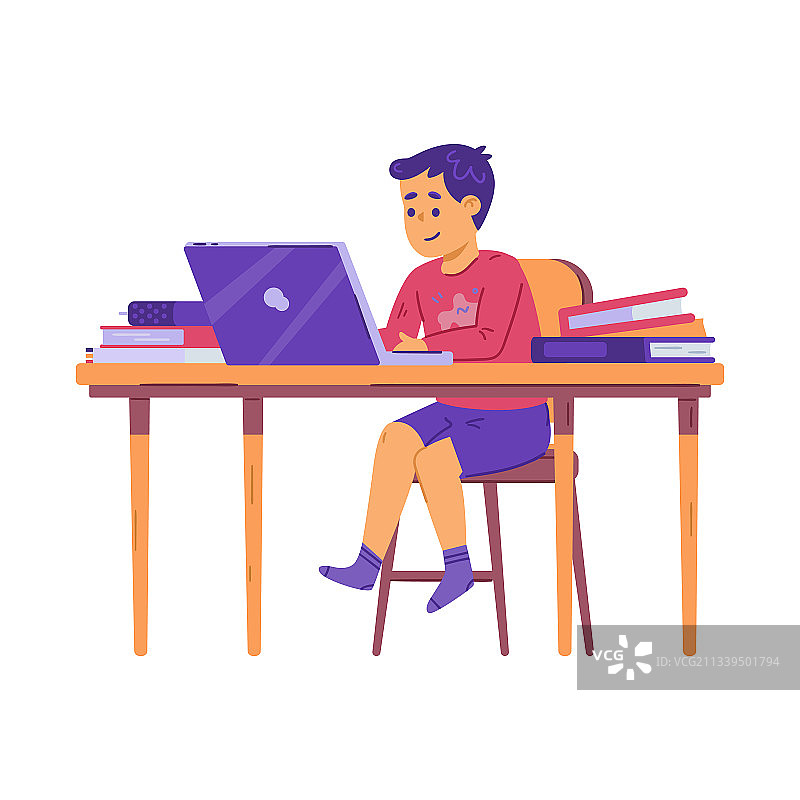 青少年坐在书桌前，使用电脑和书籍图片素材