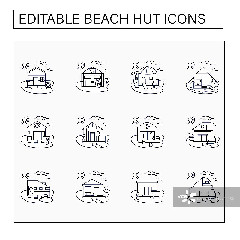 海滩小屋线性图标集图片素材