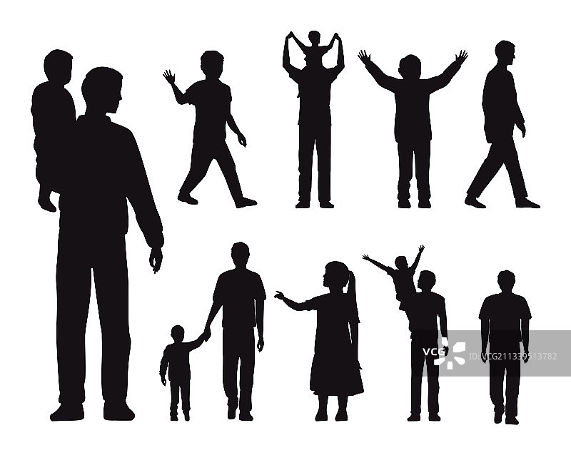 十三位父亲和孩子剪影图片素材