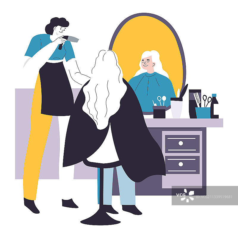 理发师在椅子上为顾客吹干头发图片素材