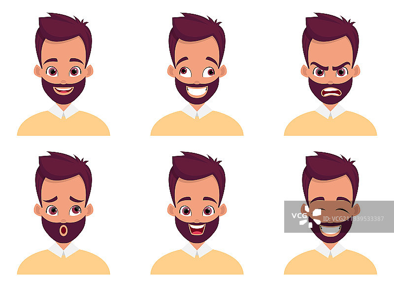 男人面部人像App：多样姿势（黄色背景扁平风格）图片素材