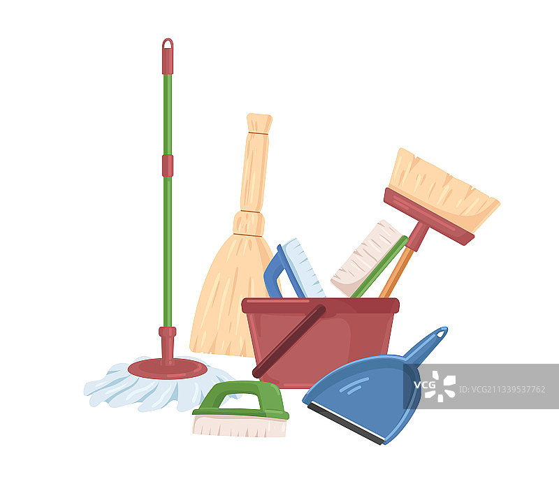 家用塑料清洁工具（如扫帚、拖把、水桶）图片素材