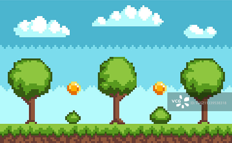 带有天空飞币的像素游戏背景图片素材