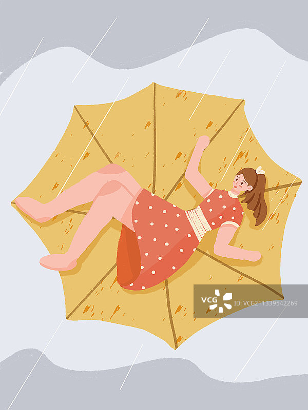 女孩躺在张开的雨伞中翱翔图片素材