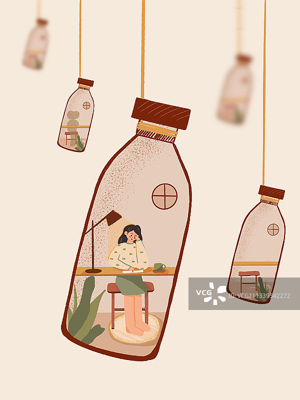 女孩被困在瓶子中学习生活图片素材