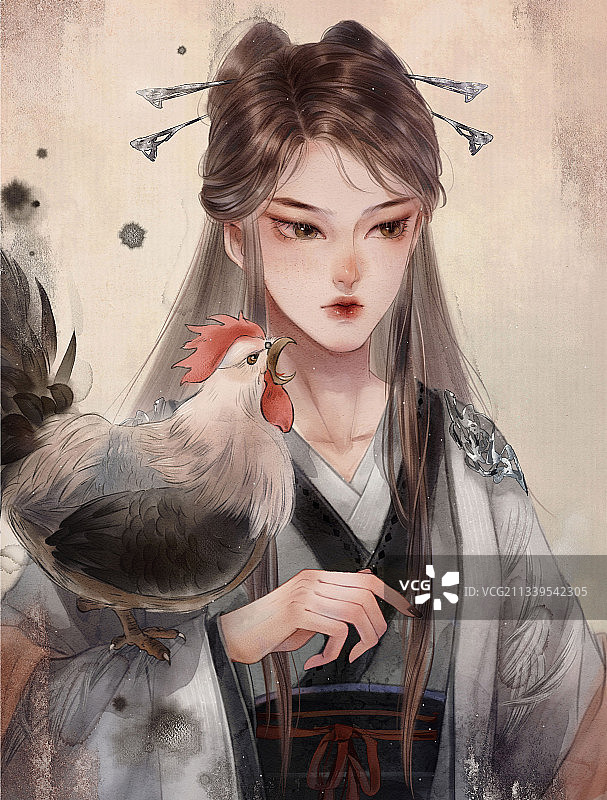 十二生肖拟人中国风古风水墨插画——鸡图片素材