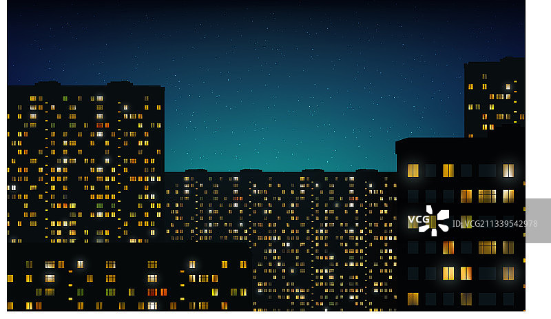 夜晚发光的金色窗户、建筑和星星图片素材
