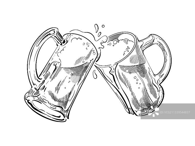 黑白素描碰杯啤酒杯图片素材