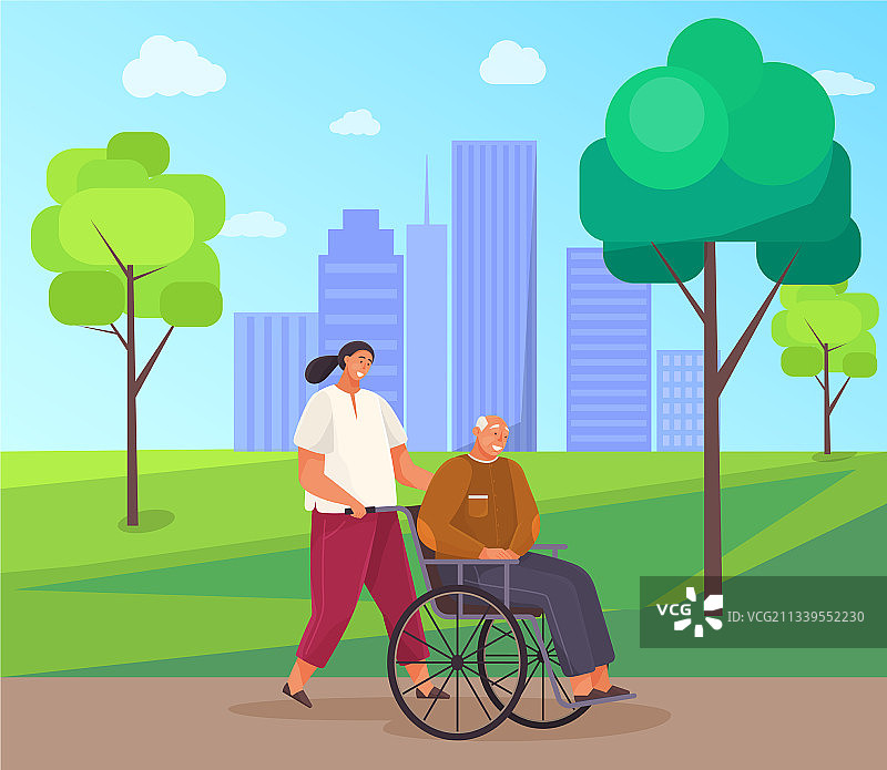 女人用轮椅推着老人图片素材