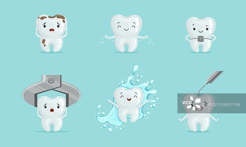 可爱的白色牙齿卡通形象，带牙套图片素材